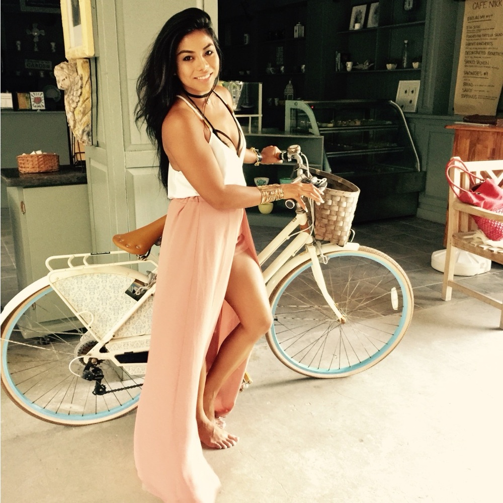 Pink and White Bicycle with Basket